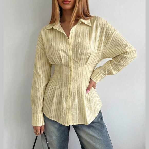 Tops - Pale Yellow Striped Cinched Waist Long Sleeve Button Up Shirt